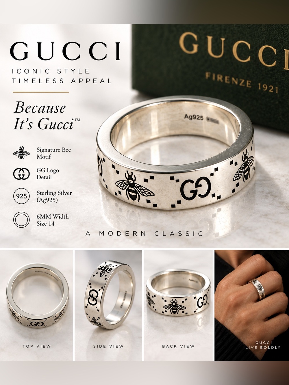 NWT Gucci Sterling Silver Bee & GG Motif Band - Silver